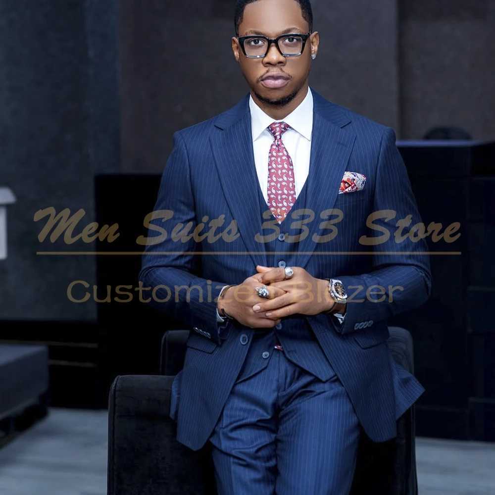 Customzied Blue Stripe Mens Suits Elegant Sing Breasted Notch Lapel Slim Fit 3 Piece Jacket Pants Vest Outfits Costume Homme X250704