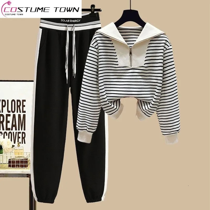 Sports Set SpringSummer Striped Navy Neck Zipper Top Womens High Waist Slim Casual Pants A Complete of Fashion 250704