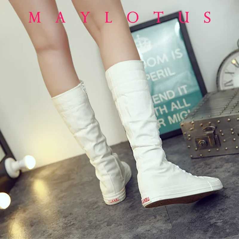 2024 New FAshion 3Colors Womens Canvas Boots Lace Zipper Knee High Boots Flat Shoes Casual High Help Punk Shoes Z250704