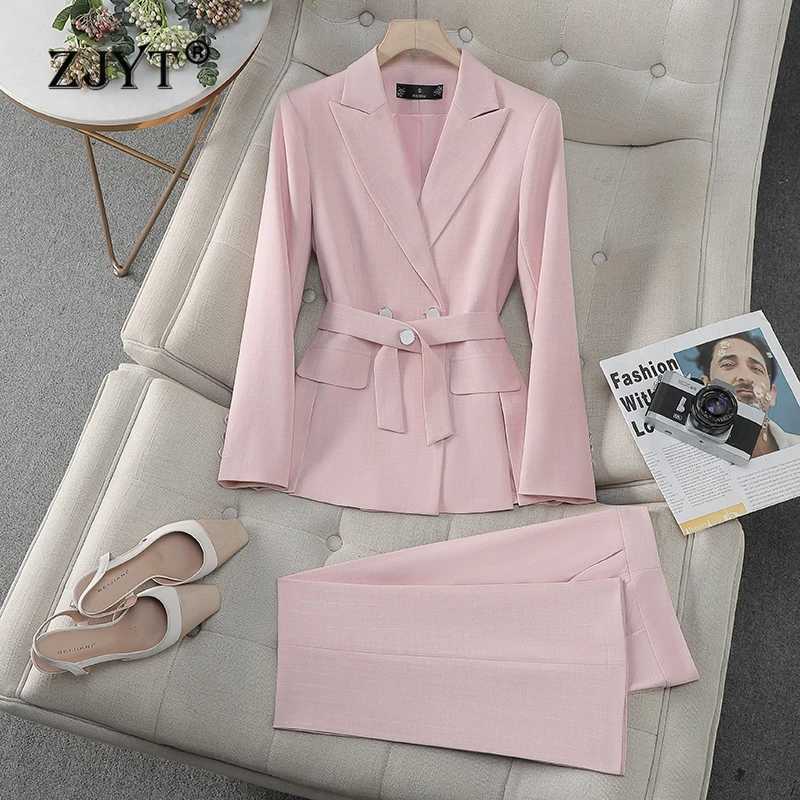 ZJYT Korean Fashion Belted Blazer Suits Pant Sets 2 Pieces Women Conjunto Para Mujeres Work Wear Trousers Sets Office Outfit X250704