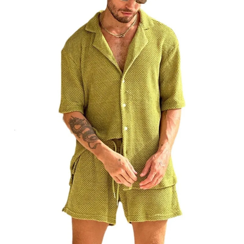 Mens Summer Style Casual Suit Slim Fit Lapel Shortsleeved Buttondown Shirt Tops Drawstring Set 250704
