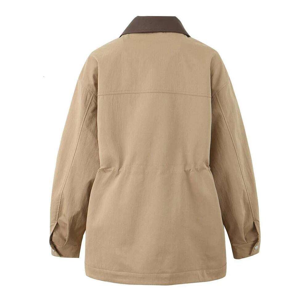 2025 Spring Women Khaki Spliced Faux Leather Lapel Safari Coat Front 2 Pockets Elastic Waist Zipper Jacket Loose Outerwear 250704