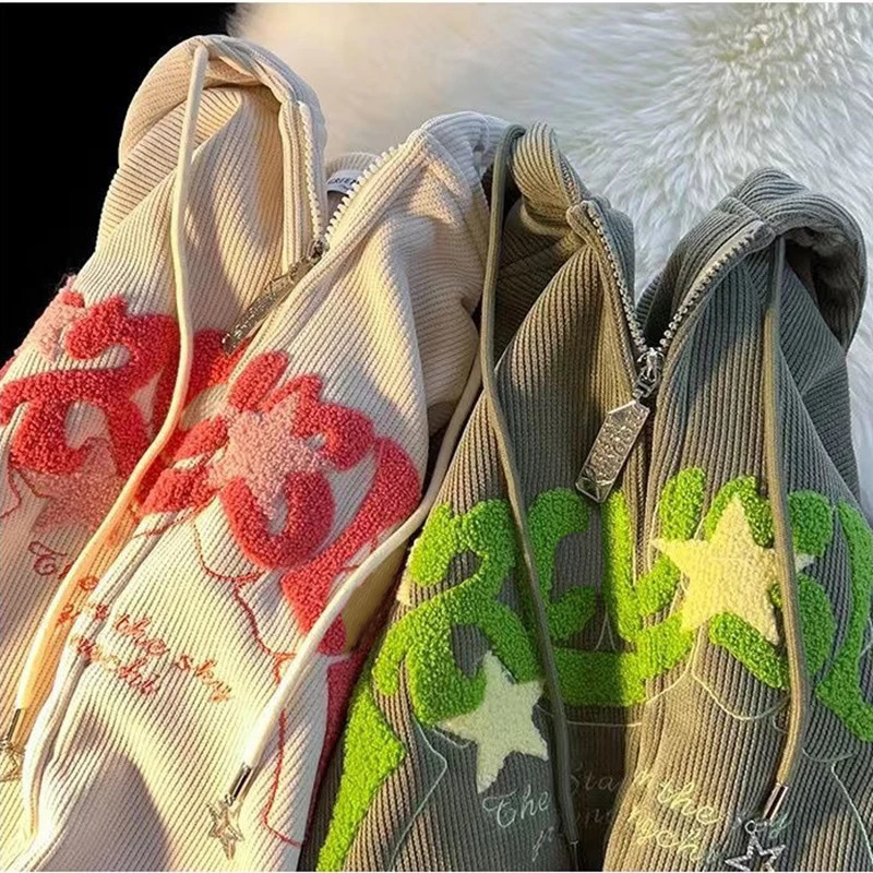 Corduroy Embroidery Loose Hoodies Women Autumn Long Sleeve Tops Zipper Hood Shirt Harajuku Y2K Clothes Female Sweatshirt Jacket 250704