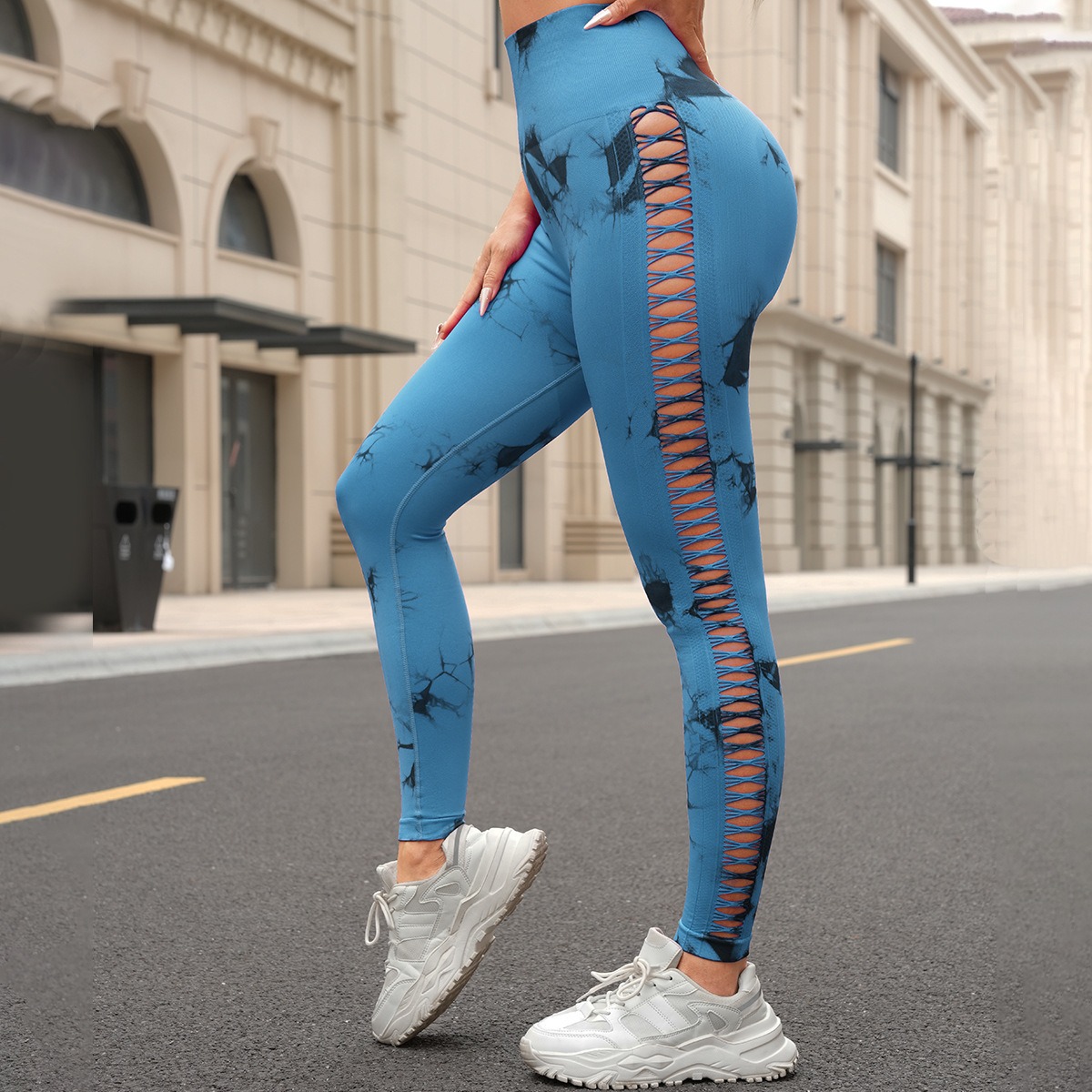 Women's High-Waist Seamless Yoga Pants with Side-Cut Tie-Dye Design