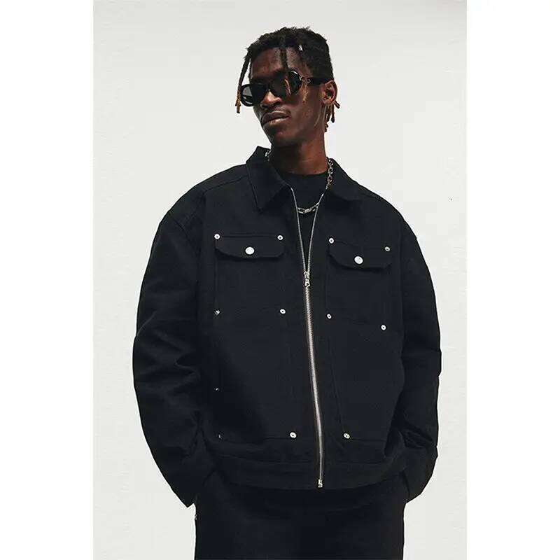 American Style High Street Metal Stud Denim Brand Retro Hip-Hop Washed Loose Zipper Crock Jacket Men's 250704