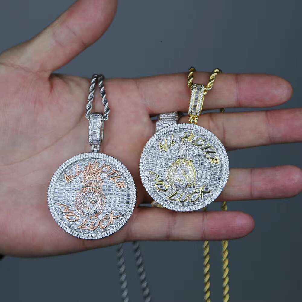All Hustle No Luck Hip Hop Pendant Iced Out Bling Moissanite vvs1 Geometric Round Pendant Money Bag Necklace