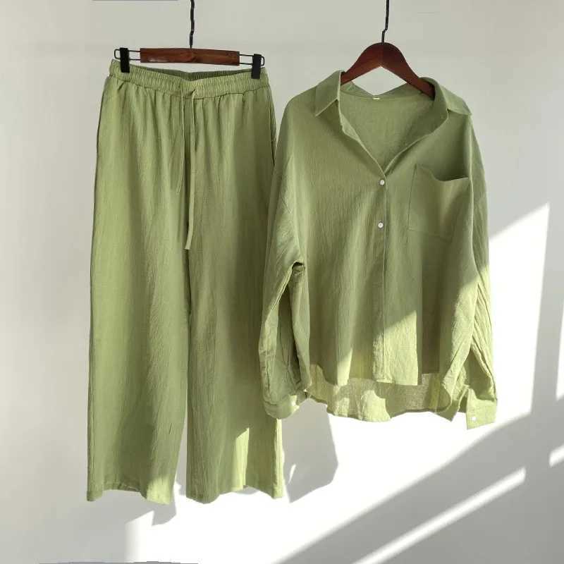 Cotton Linen Two Piece Set For Women Autumn Fashion Casual Long Slve Shirt Wide Leg Pants Suit Elegant Office Lady Outfits X250704