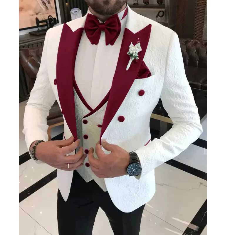 2024 Men Wedding Suits Formal White Jacquard Men Suit Set Slim Fit Groom Tuxedos Groomsman Blazer Suits For Men 3 Piece X250704