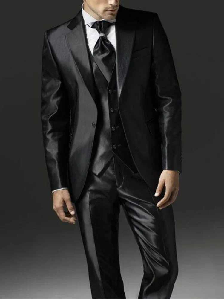 2024 New Style Black Two Bottom Satin Beach Men Suit Mens Wedding Prom Suits Costume Homme 3 Pieces (Jacket+Pants+Vest) X250704