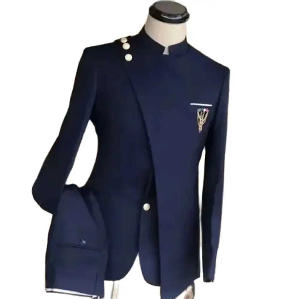 Navy Blue Mens Suits Single Breasted Stand Lapel Blazer African Style Formal Occasion Party 2 Piece Jacket Pants Costume Homme X250704