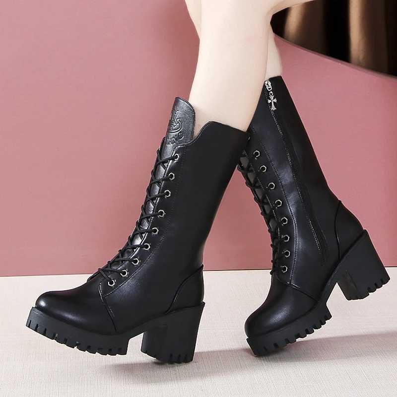 Winter New Thick-soled Increase Non-slip Lace-up Mid-calf Boots Round Head Square Heels with Fleece Warm Fashion Riding Boots Z250704
