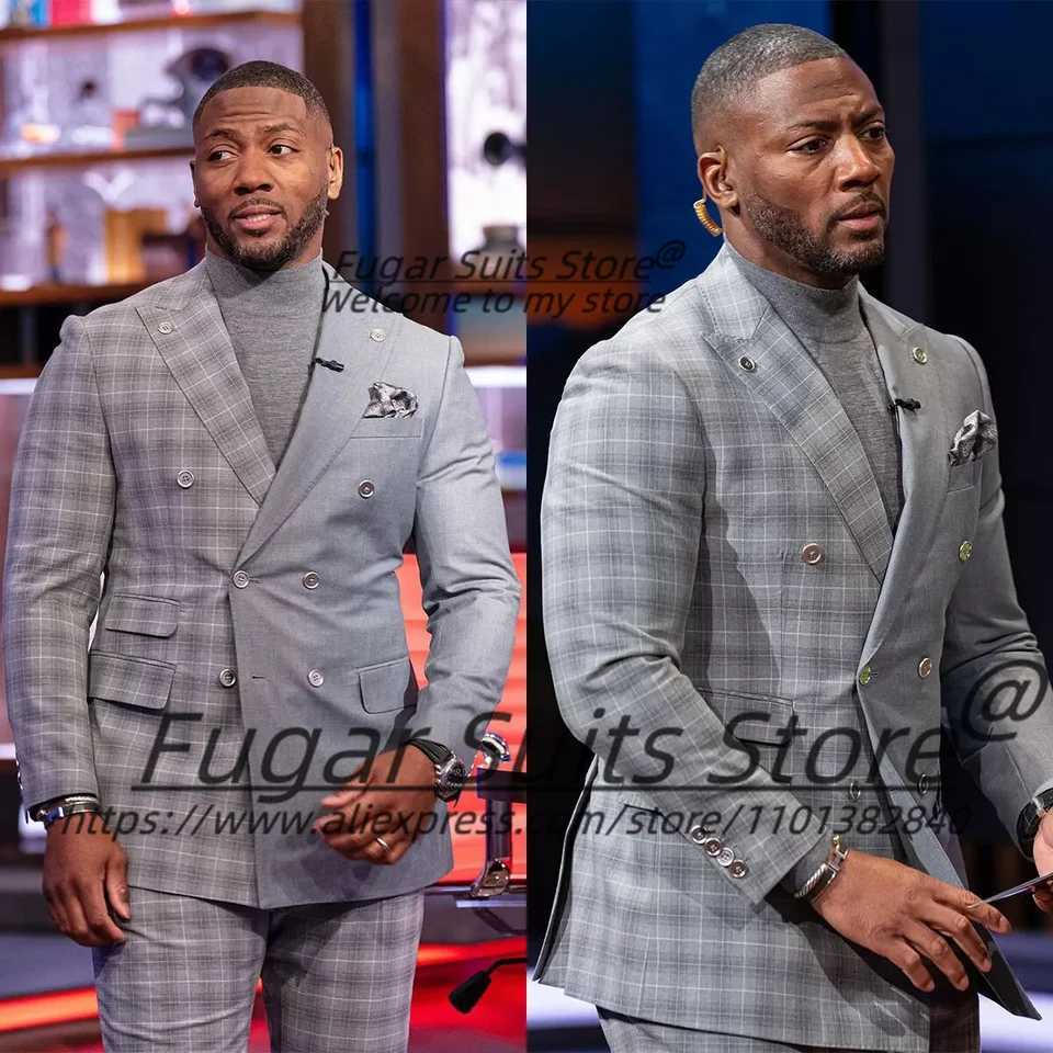 2 Pcs Business Gray Plaid Mens Prom Blazers Sets Men Suits Slim Fit Notched Lapel Mens Party Tuxedos Handsome Costume X250704