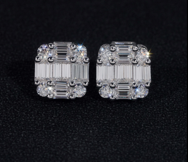 New Arrival Hip Hop Design Baguette Diamond VVS Iced Out Moissanite Stud Earrings for Men