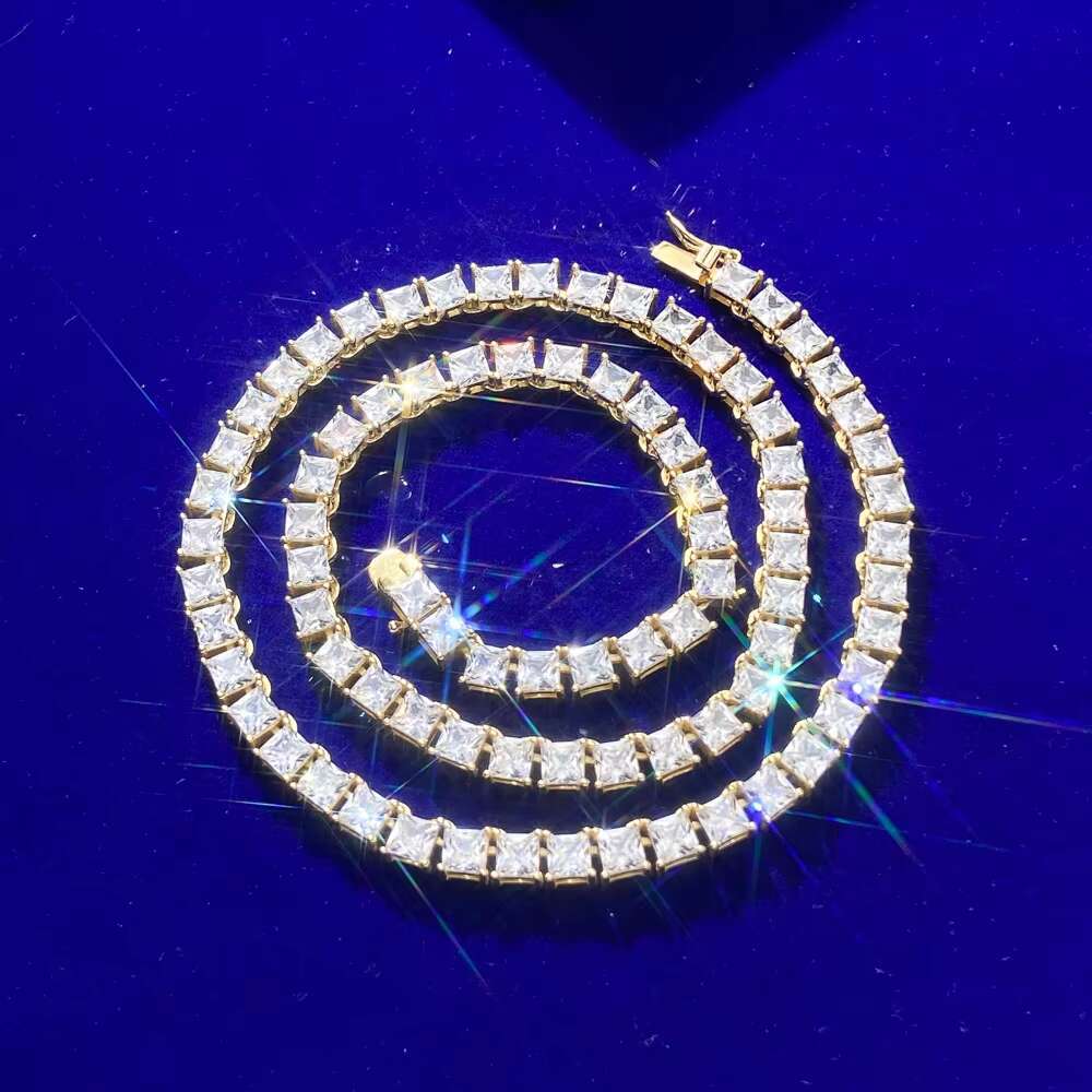 4MM Square Real Sterling Silver Moissanite Cz Diamond 4 Prong Setting Princess Cut Tennis Chain Necklace