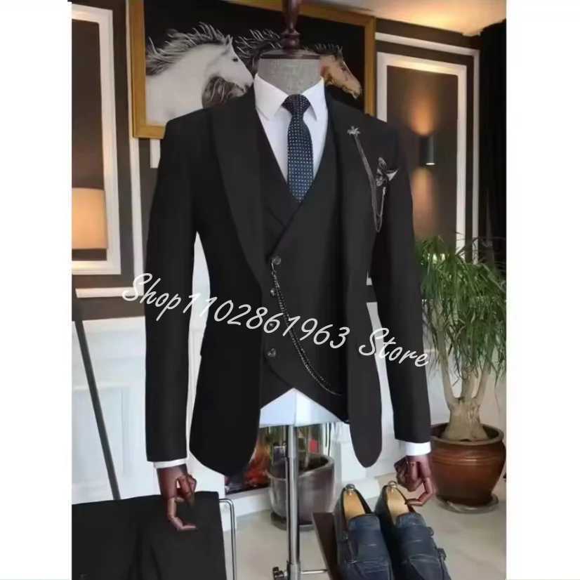 Latest Blue Suit Men 3Pcs Slim Fit Wedding Best Men Groom Tuxedo Double Breasted Jacket Vest Pants Mens Suits X250704