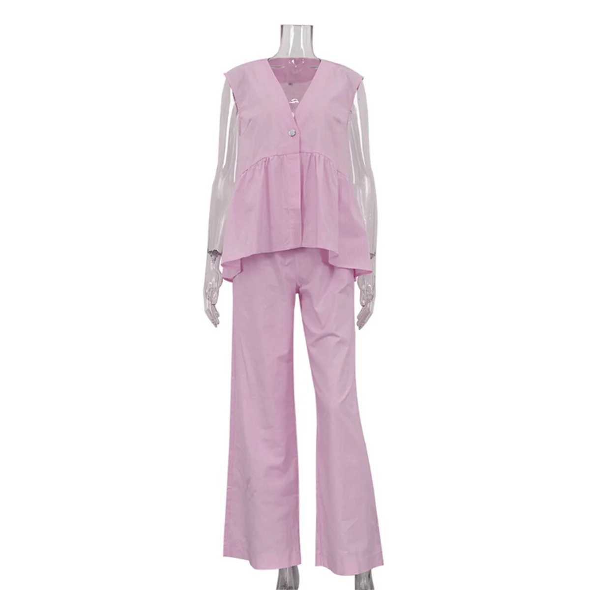 Fashion 2 Piece Set Women Summer Chic Elegant Outfit Single Breasted Slveless Ruffles Tank Top Loose Wide-leg Pants Sets X250704