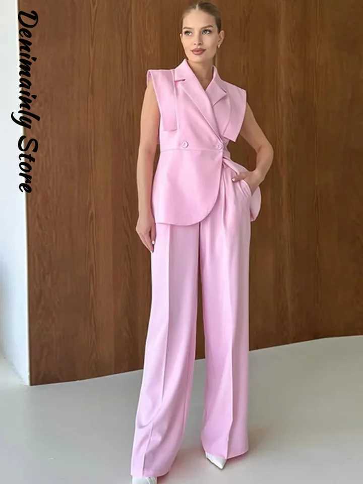 Elegant Shoulder Pads Waistcoat Pants Set Women Lapel Two Buttons Slveless Blazer Wide Leg Pants 2025 Summer Lady Office Suit X250704
