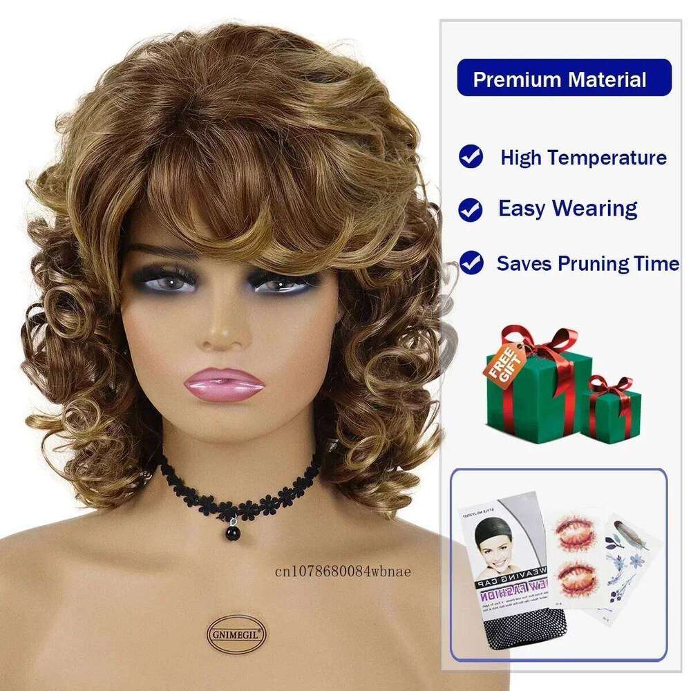 Mix Blonde Synthetic Wigs with Bangs Natural Fluffy Soft Bouncy Curly Wig for Women Ladies Daily Costume Cosplay Party Fake Hair