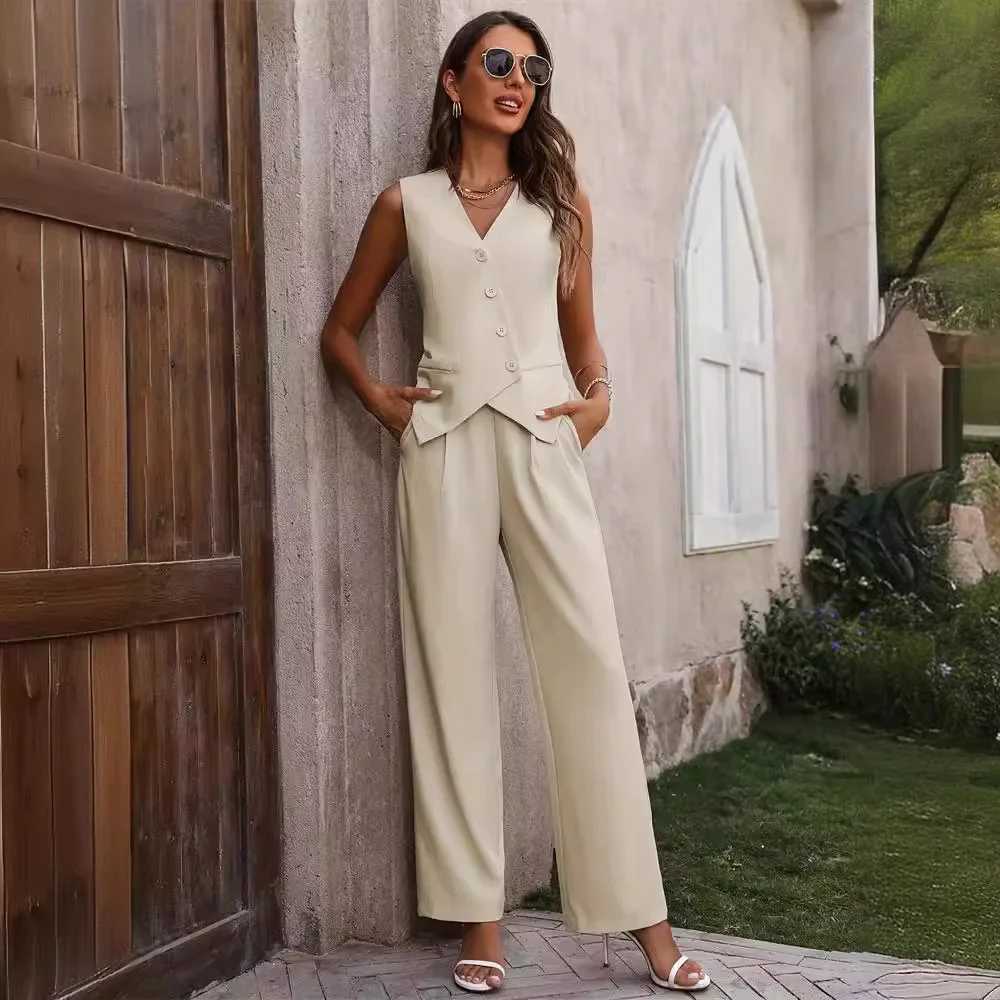 Two Piece Sets Women Pant Set V Neck Slveless Matching Sets Vests Tops Long Pants Blazer Straight Trousers Casual Strtwear X250704