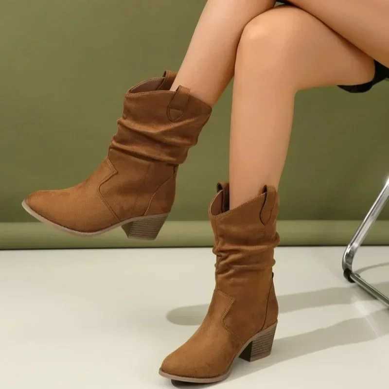 Women Pleated High Heeled Ankle Boots 2024 Autumn New Pointed Toe Brown Cowboy Boots Woman Pu Leather Botas Shoes Plus Size 42 Z250704