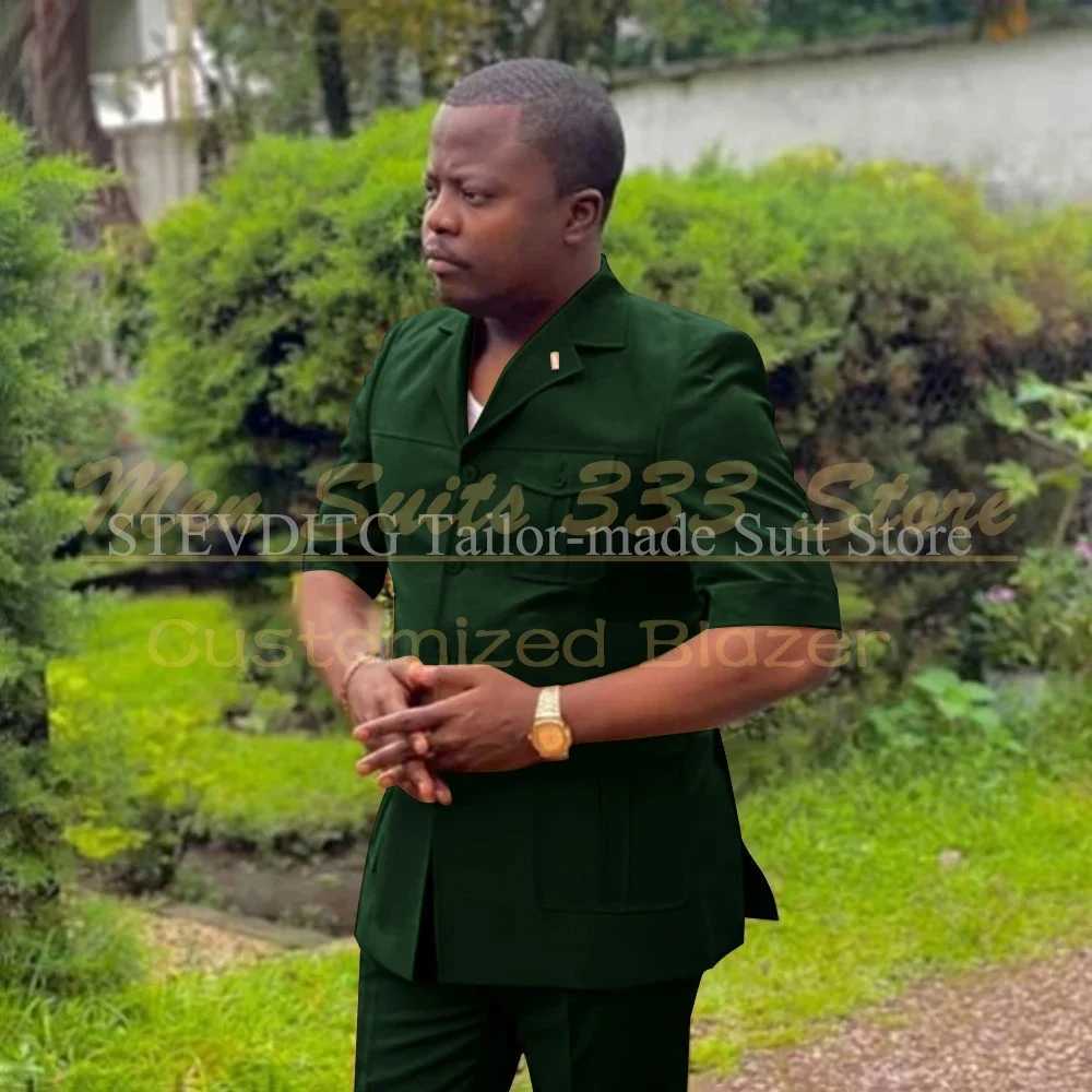 Safari Men Suits with Short Sleeve 2 Pieces Single Breasted Stand Notch Lapel African Fashion Style Set Jacket Pants X250704