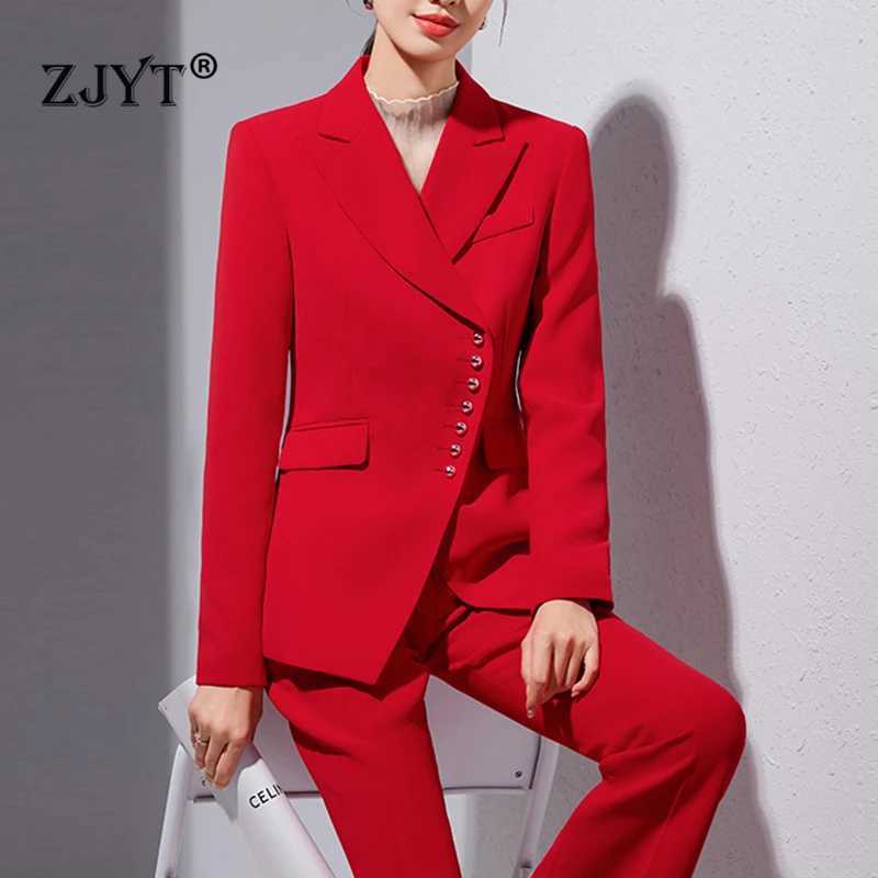 ZJYT Business Formal Blazer Pant Set Women 2 Pieces Autumn Elegant Lady Long Slve Jacket Trousers Suit Plus Size Outfit Female X250704