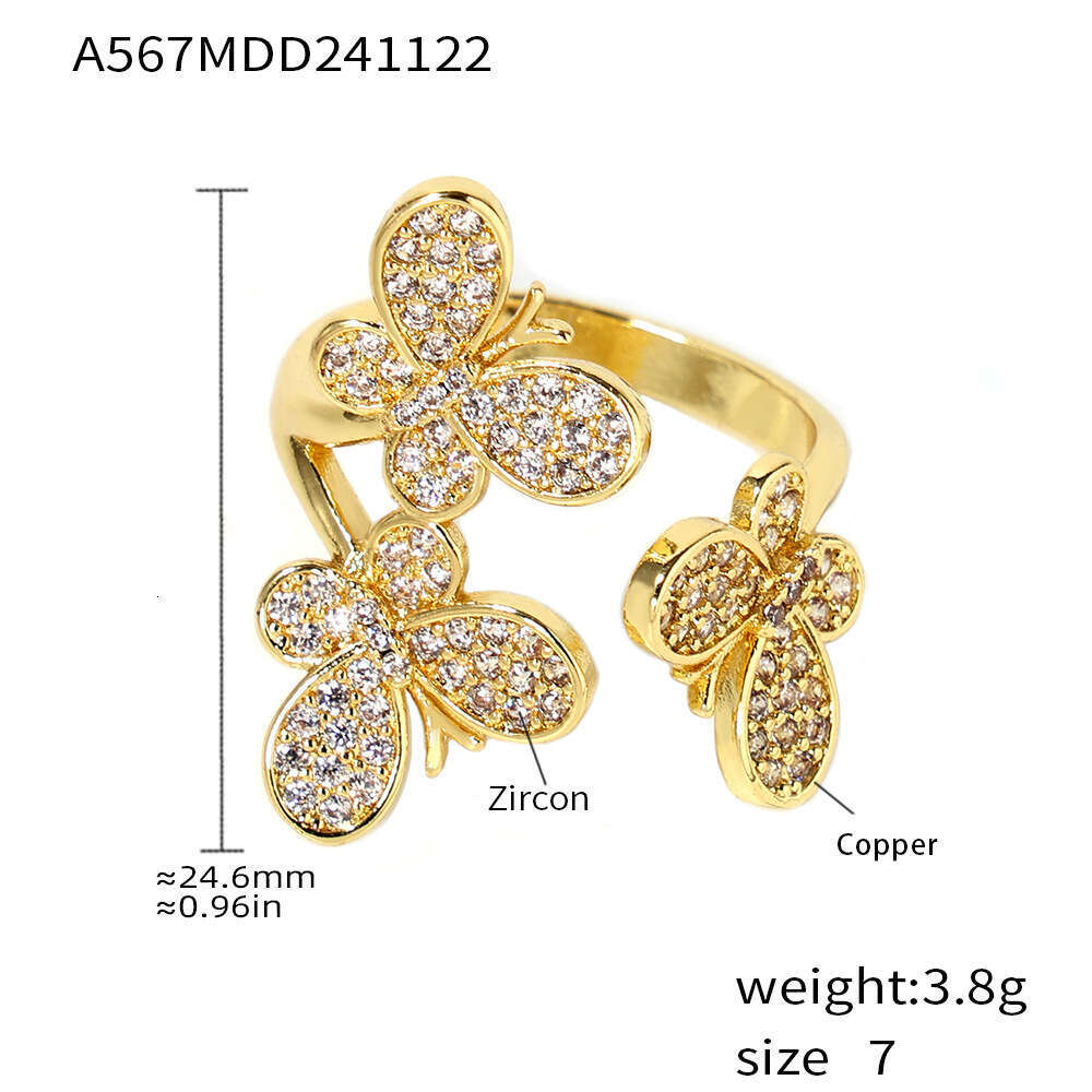 DHcollections 18K Gold Plated Butterfly Ring - Open Adjustable CZ Flower Ring for Women | Dainty Bohemian Stackable Jewelry (Size 7)