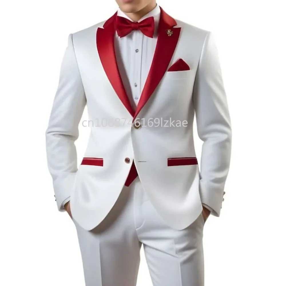 Customized White Men Suits Single Breasted Red Notch Lapel Slim Fit Male Clothing High Quality Wedding 2 Piece Jacket Pants X250704