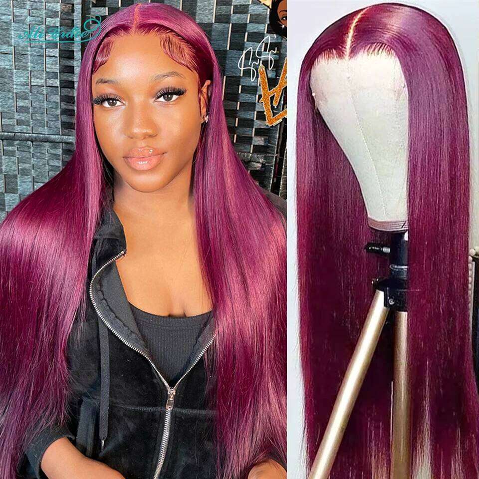Ali Grace 99J Bury Front Pre-plucked Brazilian Straight Wig 4x4 Lace Closure Human Hair Wigs For Women