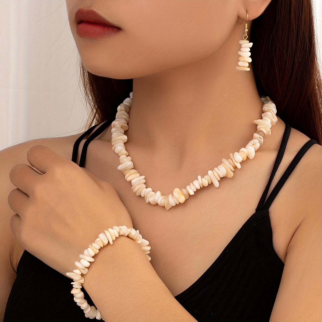 1 Necklace Bracelet Earrings Set Bohemian Style Irregular White Crushed Stone Beads Personality