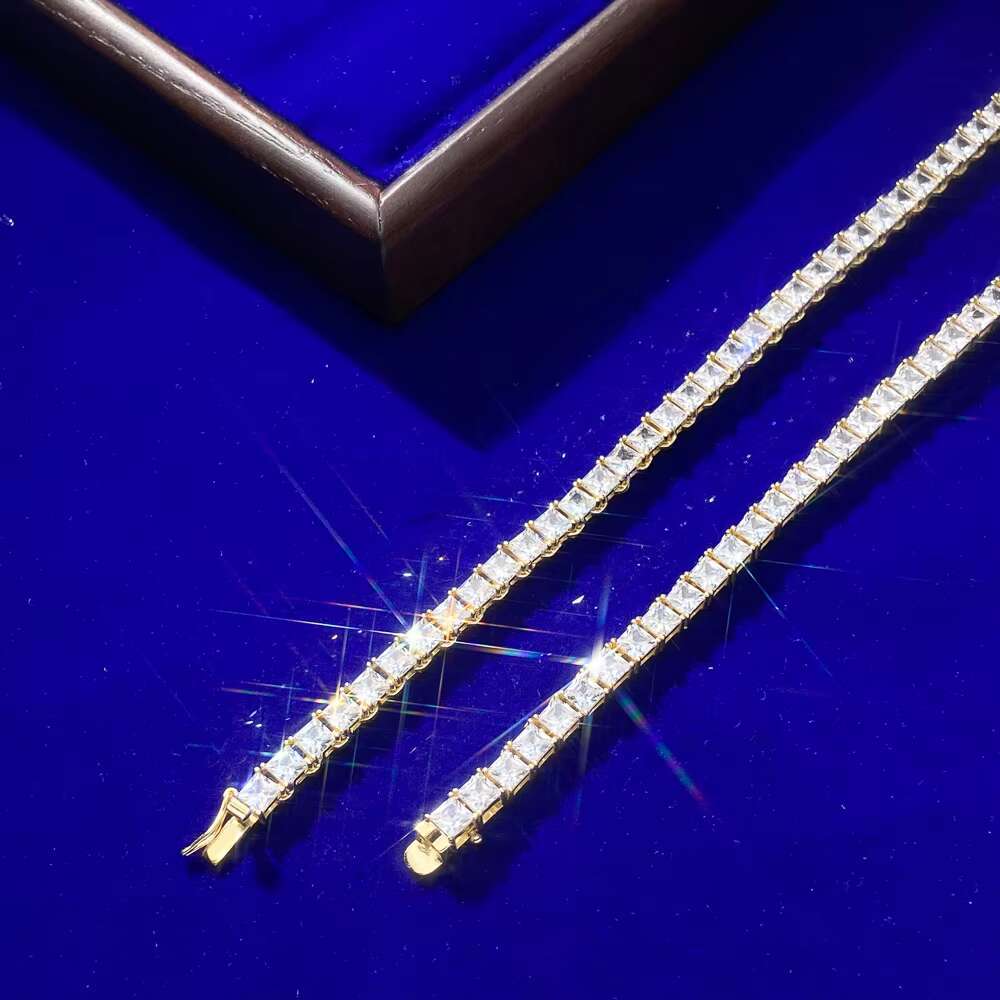 4MM Square Real Sterling Silver Moissanite Cz Diamond 4 Prong Setting Princess Cut Tennis Chain Necklace