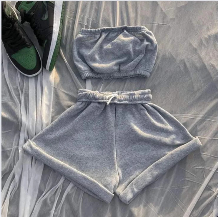 Summer Solid Color Lace Up Tracksuits Women Sleeveless Backless Tube And Shorts Two Piece Sets Casual 2pcs Outfits 250704