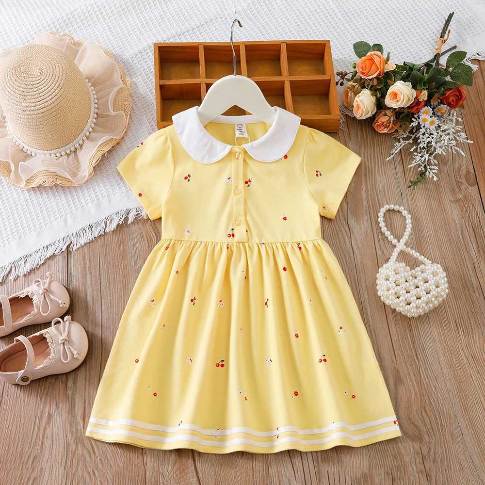 Baby Girls Summer Dress Short Sleeve Turn Down Collar Cotton Clothes for Girls Aged 2-6 Years Kids Dresses R250704