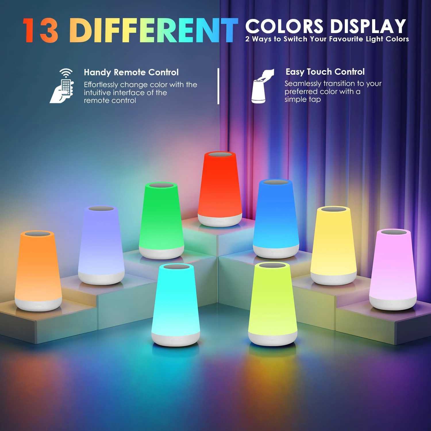 LED 13 Color Changing Night Light Remote Control Touch USB Rechargeable RGB Night Lamp Dimmable Lamp Portable Table Bedside LampXJ250703
