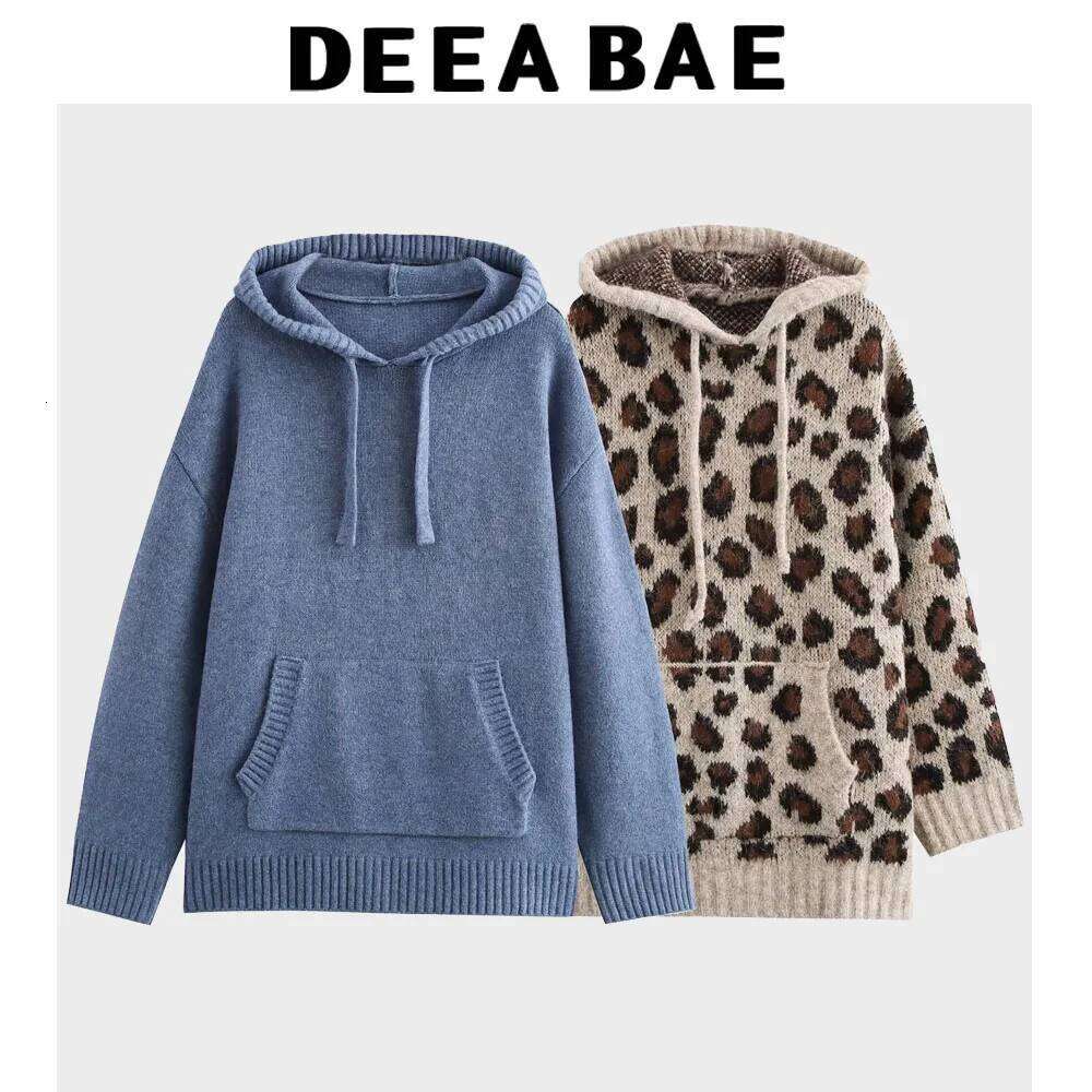 DEEABAE Korean Style Women's Clothing New Loose Lace Up Hooded Long Sleeved Kangaroo Pocket Ribbed Layer Knitwear Hoodie 250704