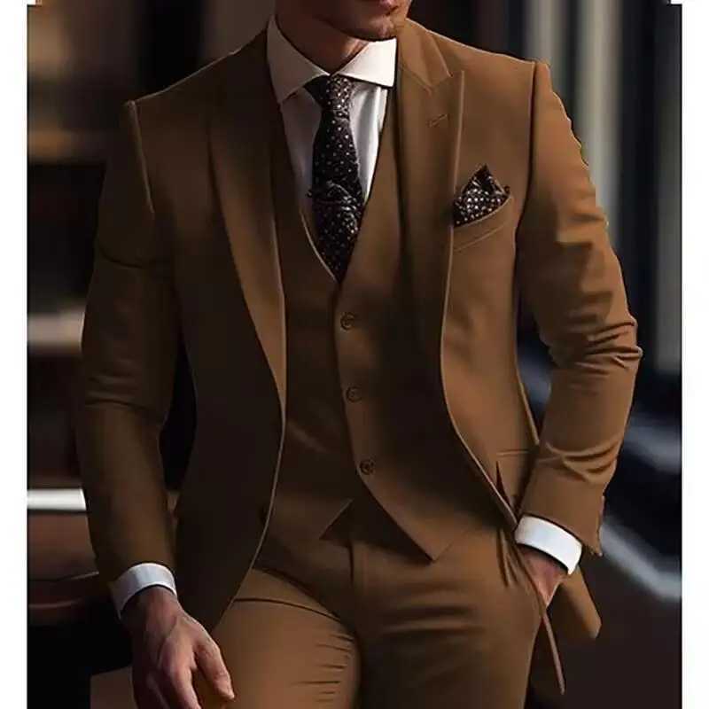 2025 Formal Brown Suits for Men Slim Fit Male Clothing Single Breasted Peak Lapel High Quality 3 Piece Jacket Pants Vest Sets X250704