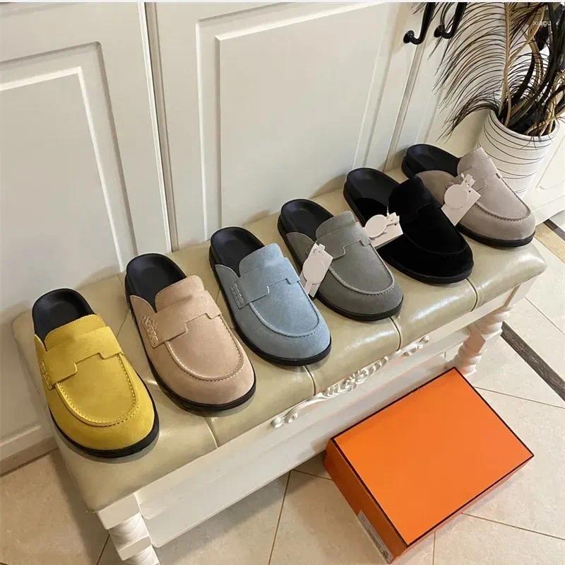 Slippers Designer Women Slides Go Mules Rubber Flat Sandals Thick Bottom Suede Mule Wrapped Toe Leather Sandal Summer Beach Flip Flops 35-42