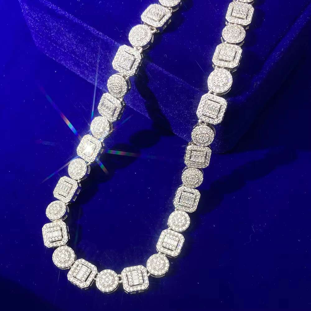 European and American Hip Hop Round Square Diamond Baguette Gold Plated Cz Zircon Cuban Link Chain S925 Silver Jewelry Necklace