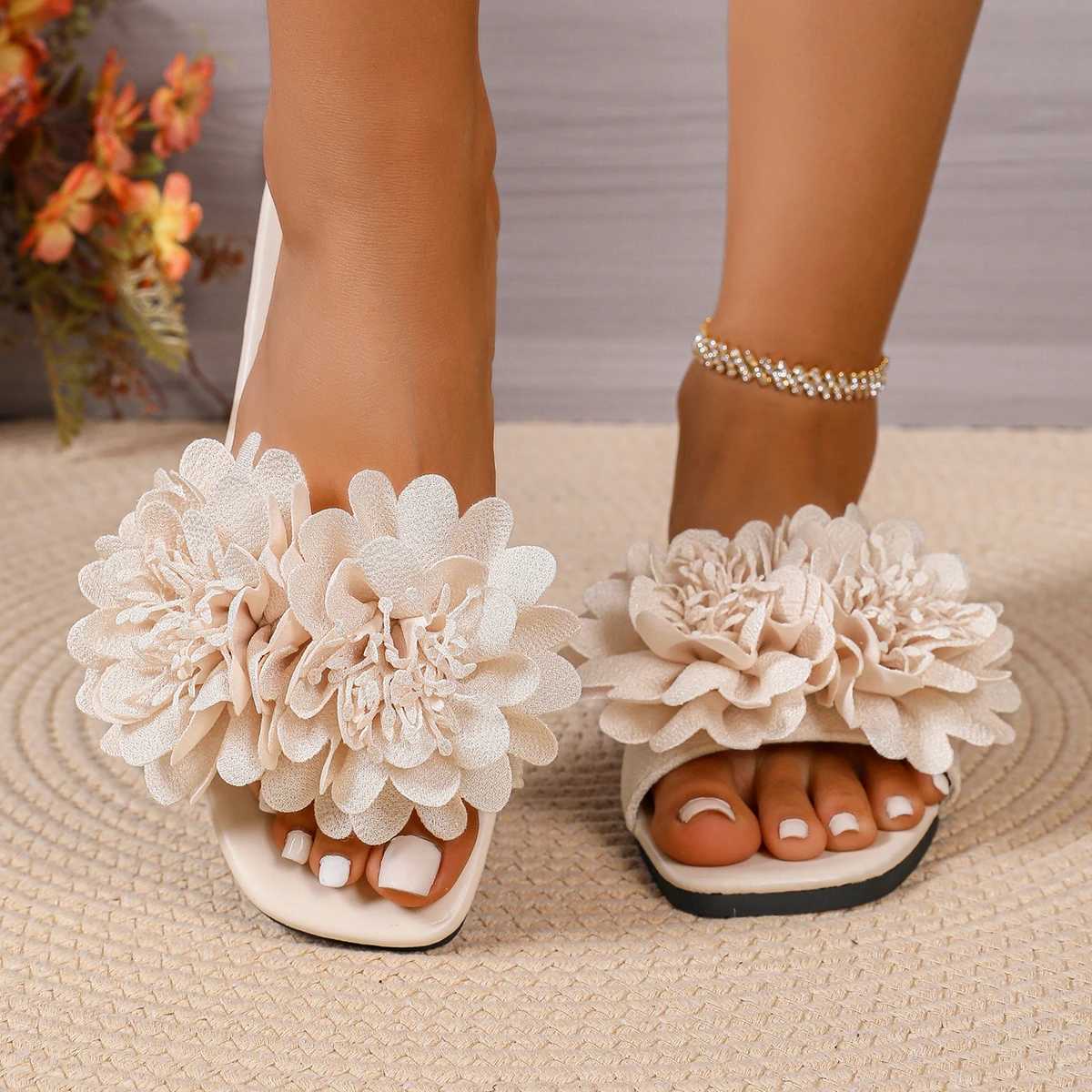 2025 Summer Ladies Shoes Open Toe Womens Slippers Fashion Flower Dress Slippers Women Square Heel Shoes for Women W250704