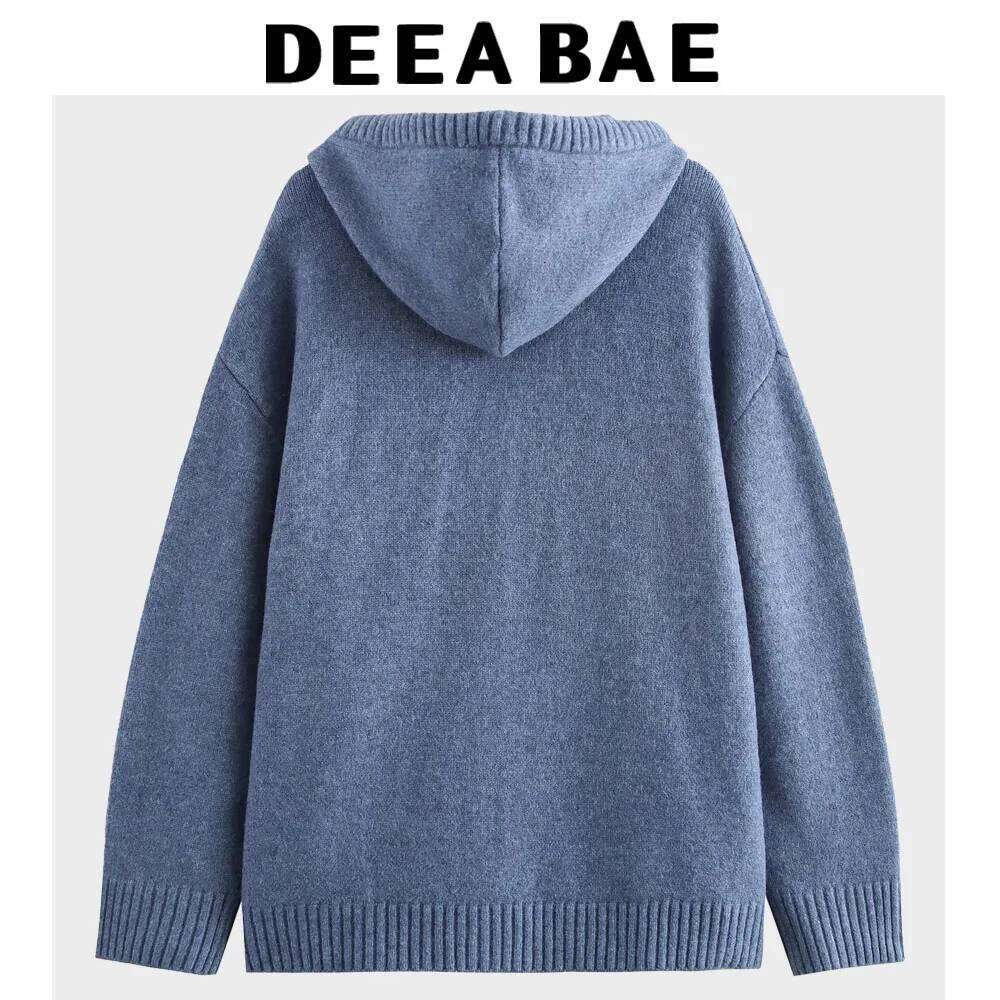 DEEABAE Korean Style Women's Clothing New Loose Lace Up Hooded Long Sleeved Kangaroo Pocket Ribbed Layer Knitwear Hoodie 250704