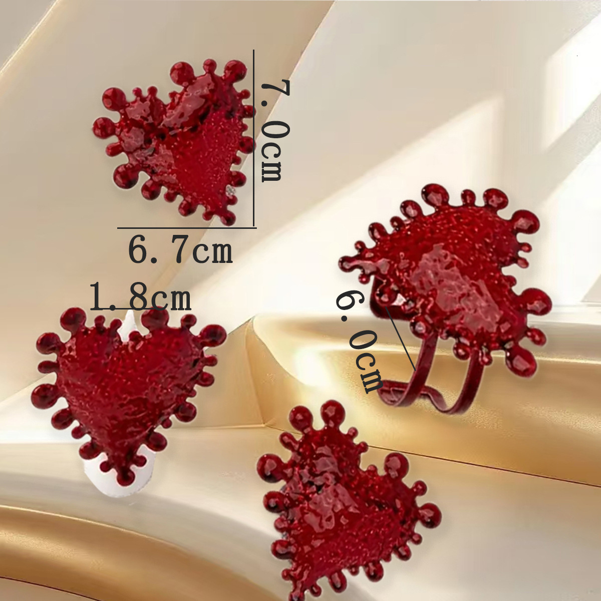 Niche Design Red Heart Earrings Ring Bracelet Light Exquisite Jewelry Set