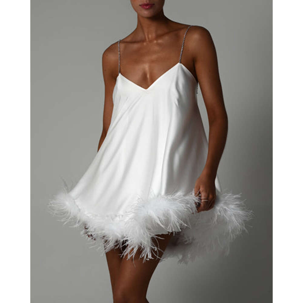 White Skirt Maxi Skirt Summer New Women S Fashion Hardware Chain Strap Backless Sexy Flared Ostrich Feather Dress Long Skirt