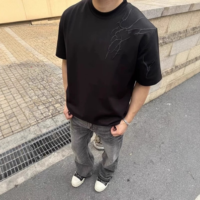 Thorn Embroidery Designer Short Sleeves Short Sleeve Men's Summer American High Street OOTD Half Sleeve Cleanfit Heavyweight Regular Shoulder T-s