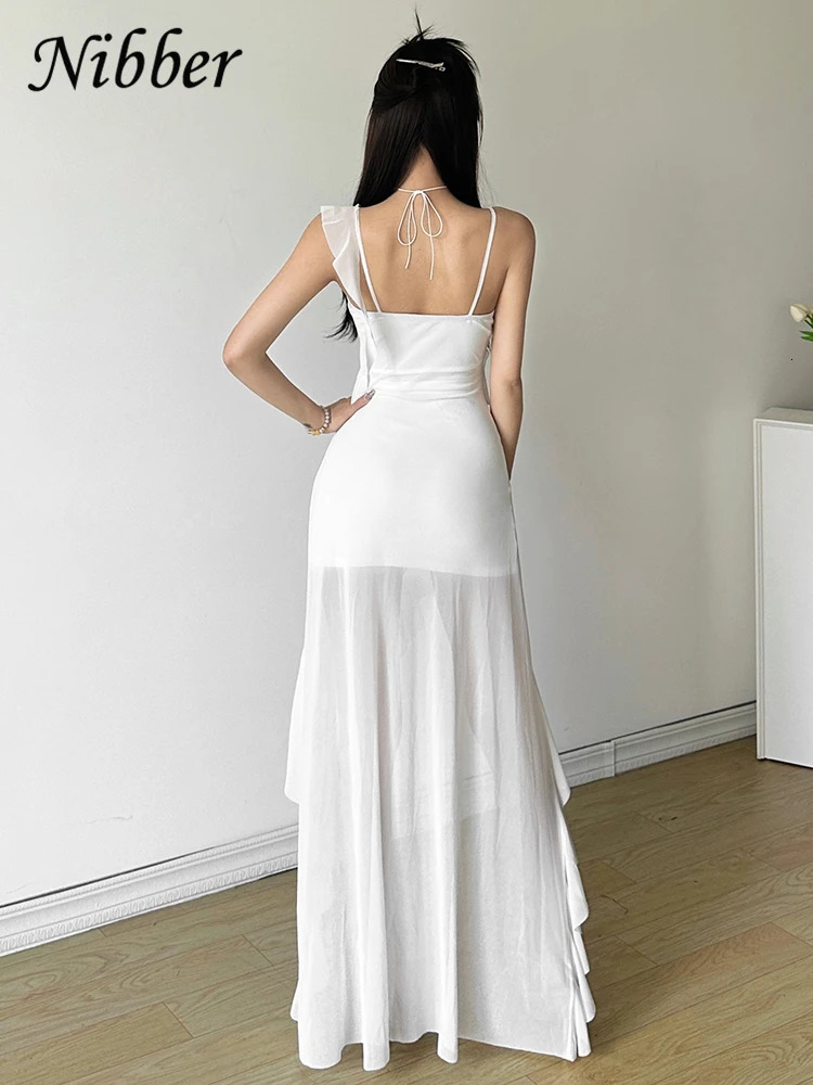 Nibber White Sweet Gentle Mature Ruffles Beautiful Summer Street Out Womens Thin Perspective Tassel n Long Sling Dress 250704