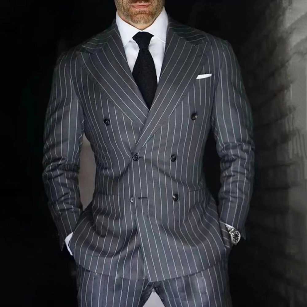 Black Stripe Mens Suits 2 Pcs Peak Lapel Double Breasted Male Clothing Prom Party Elegant Wedding (Jacket + Pants) Tailor-made X250704