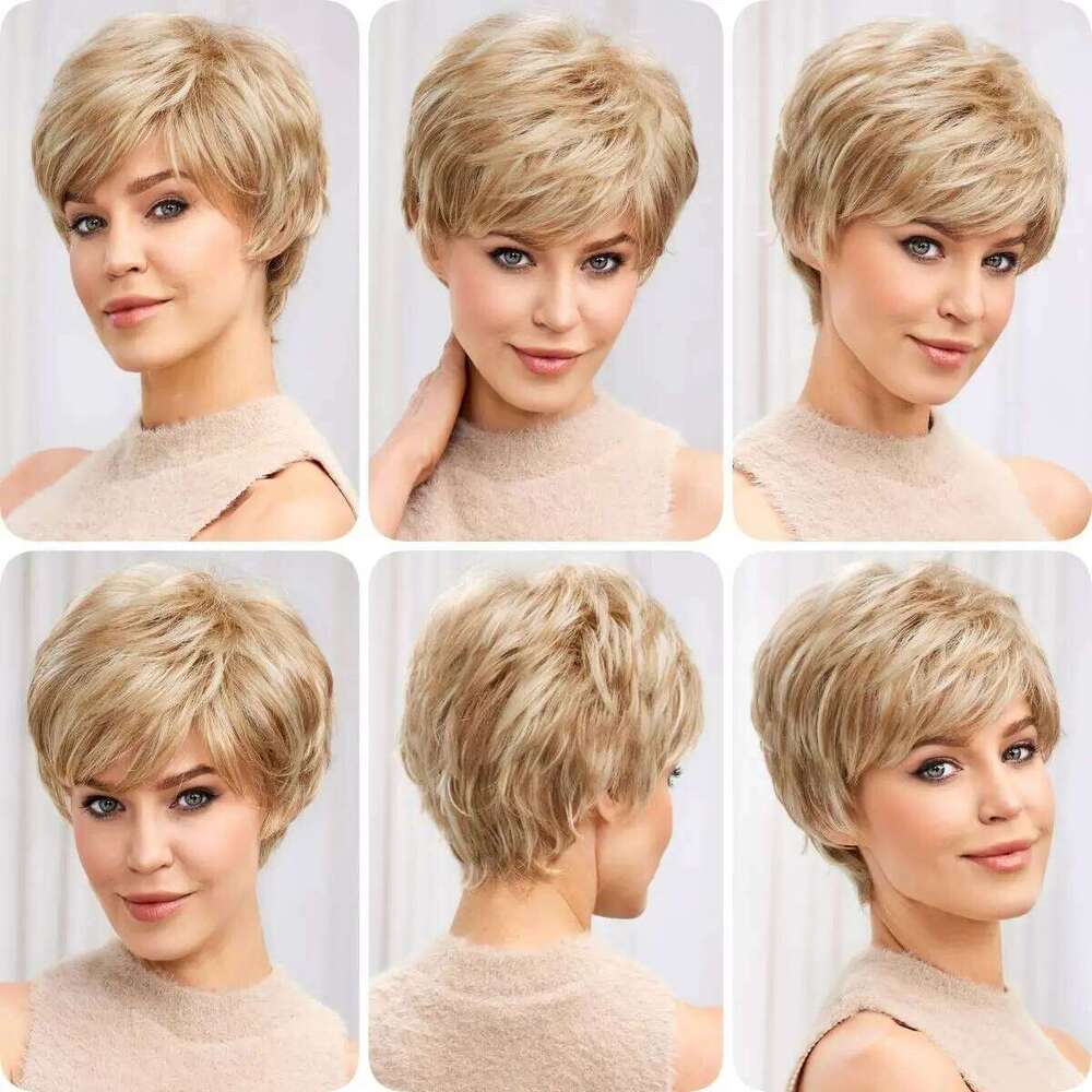 Golden Blonde Kanekalon Like Human Hairs Synthetic Wigs for Women Short Pixie Cut Natural Layered Blend Hair Wig Heat Resistant