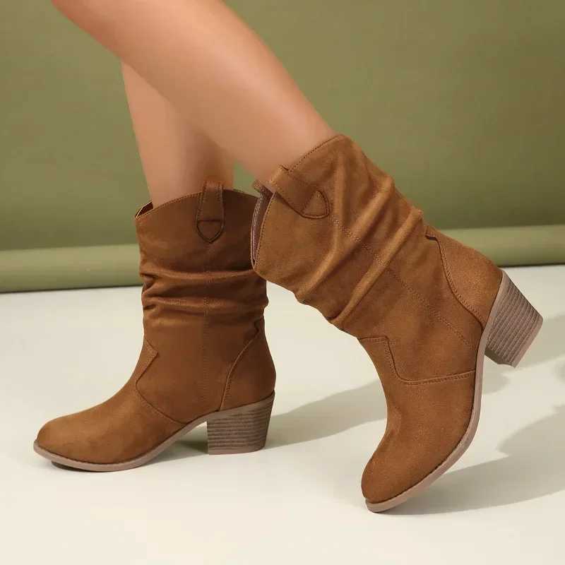 Women Pleated High Heeled Ankle Boots 2024 Autumn New Pointed Toe Brown Cowboy Boots Woman Pu Leather Botas Shoes Plus Size 42 Z250704