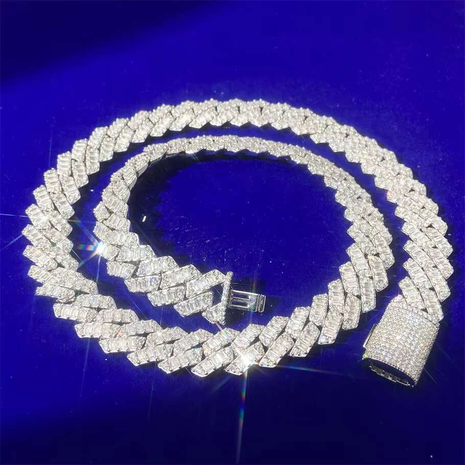 Hiphop New Arrival Hip Hop Jewelry 16mm Vvs Moissanite Diamond Baguette 925 Silver Cuban Chain Necklace