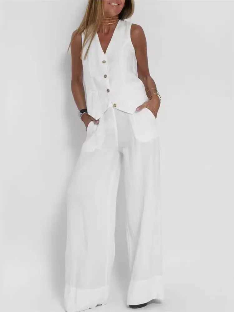 Womens Clothing 2024 Spring Summer New Fashionable Vest Pants Collage Splicing Pure Slveless Color Temperament Casual Suit X250704