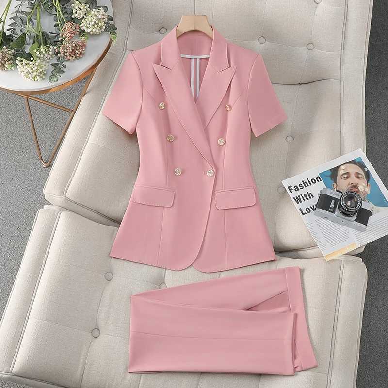 ZJYT Fashion Spring Summer Pant Suit Women Office Business Formal Short Slve Blazer Trousers Set 2 Piece Outfit Plus Size X250704